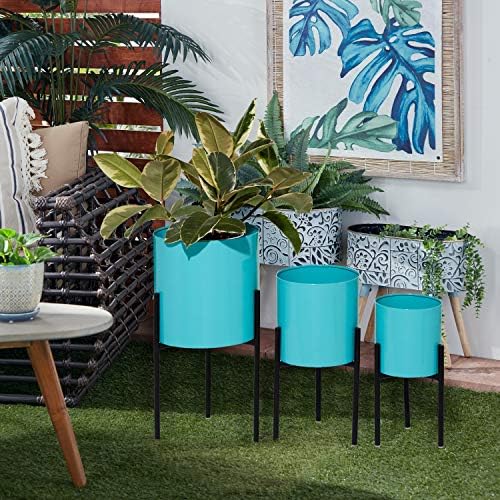 Deco 79 Metal Indoor Outdoor Planter Minimalistic Large Planter Pot with Black Removable Stand, Set of 3 Planters 12", 14", 18"H, Teal - Image 2