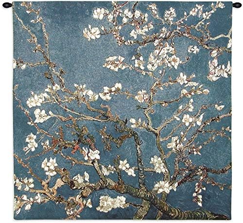 Blossoming Almond Tree by Vincent van Gogh | Woven Tapestry Wall Art Hanging | Contrasting Scenery with White Flowers | 100% Cotton USA Size 35x35 by FineArtTapestries