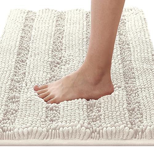 H.VERSAILTEX Bathroom Rugs Bath Rugs for Bathroom Non Slip Bath Mats Extra Thick Chenille Striped Rug 17" x 24" Absorbent Soft Shaggy Washable Dry Fast Bath Mats for Bath Room Floor - Ivory by HVERSAILTEX