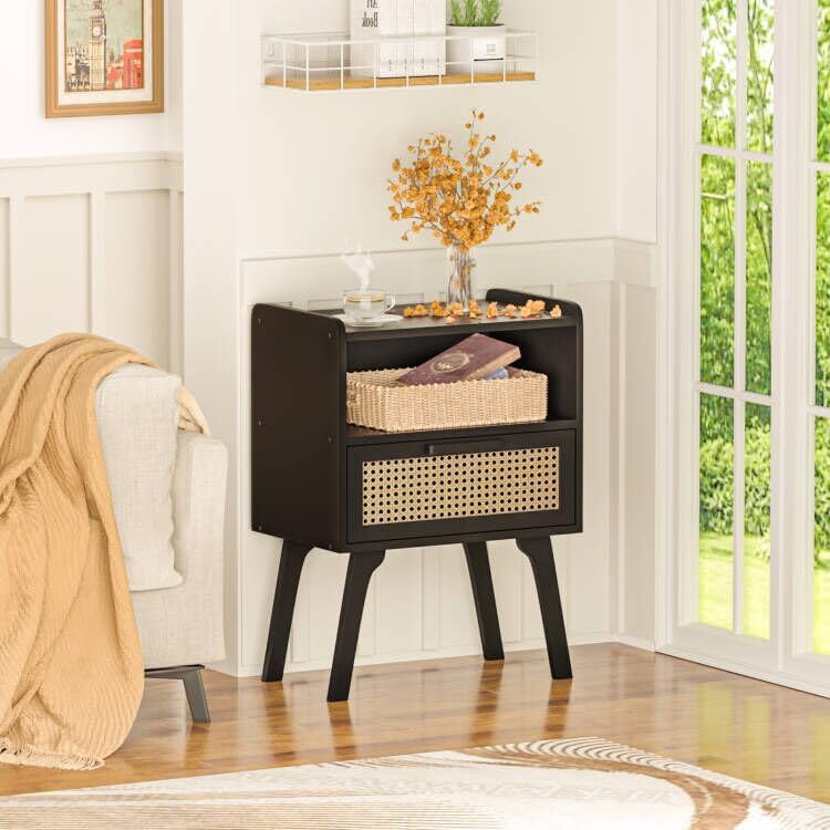 Lerliuo Rattan Nightstand, Bedside Table with Drawer Open Shelf - Image 2