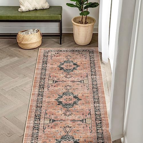 Washable 2x5 Hallway Runner Rug: Indoor Vintage Water Resistant Kitchen Entryway Rug Soft Living Room Bedroom Carpet Thin Low Pile Non Slip Floor Mat for Bathroom Laundry Dining Room(2X5,Orange) - Image 2