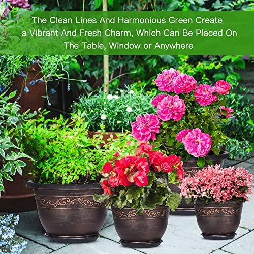 Plastic-Plant-Flower-Planters-12 Inch with Drainage Hole & Saucer, 3 Packs Lightweight Small Resin Flower Pot Indoor Outdoor, Retro Antique Imitation Decorative Garden Containers Sets for Houseplants - Image 6