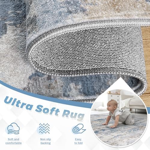pmtsns Area Rugs 6x9 for Living Room: Washable Rug Modern Abstract Neutral Soft Non-Slip Low-Pile Indoor Carpet for Bedroom Dining Room Playroom Home Office (Light Blue Brown, 6'x9') - Image 4