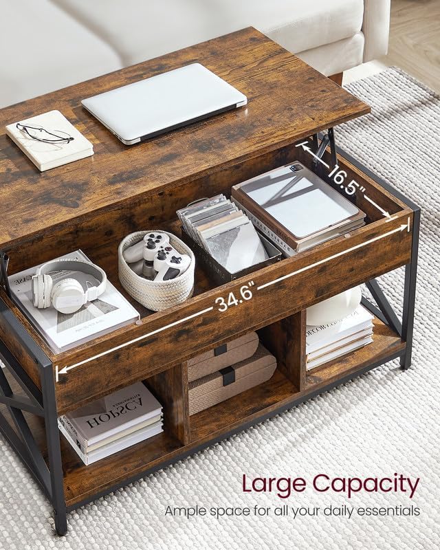 VASAGLE Lift Top Coffee Table with Storage Shelf, 3 Compartments - Image 5
