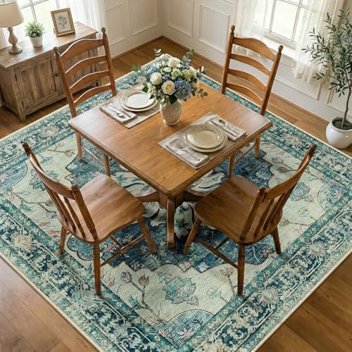 RELEANY Washable Area Rug, Square 7'x7', Blue/Vintage Dark Blue by RELEANY