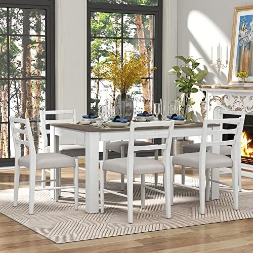 Farmhouse 7-Piece Kitchen Dining Table Set, Solid Wood Rectangle Extendable Table with 12” Leaf and 2 Drawers, 6 Dining Chairs with Soft Cushion, Dining Table Set for 6 Persons (Brown+White FR) - Image 2