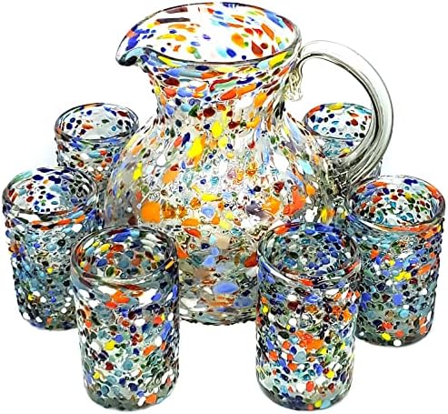 Confetti Rocks 120 oz Pitcher and 6 Drinking Glasses set, Recycled Glass, Lead-free, Toxin-Free (Pitcher & Glasses) by MexHandcraft