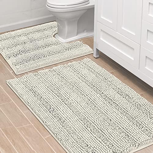 H.VERSAILTEX Bathroom Rugs Bath Rug Set 2 Piece Bathroom Contour Rug Toilet Mat Sets Non Slip Contour Bath Rug Ultra Thick Water Absorbent Striped Bath Mats Washable(36" x 24" Plus 20" x 24" U, Cream) by HVERSAILTEX