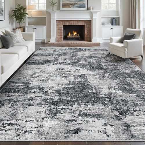 pmtsns Area Rugs 10x14 Living Room: Washable Rug Modern Abstract Neutral Soft Non-Slip Low-Pile Indoor Large Carpet for Bedroom Dining Room Playroom Home Office (Black Grey, 10'x14') by pmtsns
