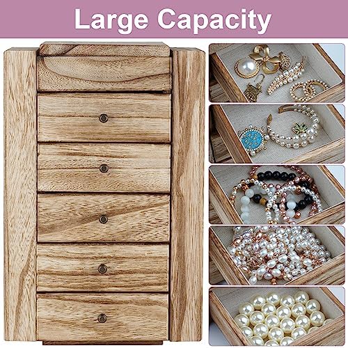 Meangood Jewelry Box Wood for Women, 6-Layer Large Organizer Box with Mirror & 5 Drawers for Rings, Earrings, Necklaces, Vintage Style, Torched Wood - Image 3