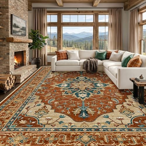 RELEANY Washable Area Rug, Large 10'x14', Red/Orange/Blue/Brown by RELEANY