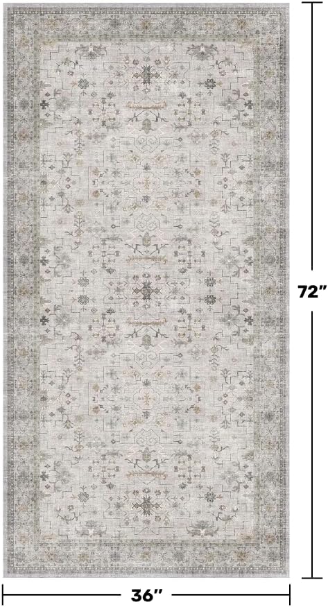 Boho 3x6 Large Bathroom Rug - Washable Floral Area Rug for Entryway, Bedroom Beside Bed, Modern Vintage Low Pile Kitchen Carpet, Neutral Light Gray & Sage Décor - Image 2