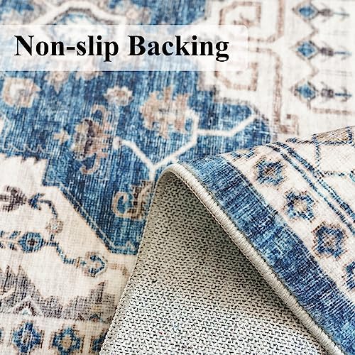 2x3 Washable Vintage Area Rug: Indoor Soft Entryway Rug with Non Slip Backing Water Resistant Carpet for Kitchen Bathroom Laundry Low Pile Door Mat Perfect for Homes with Cats & Dogs(2x3,Blue) - Image 6