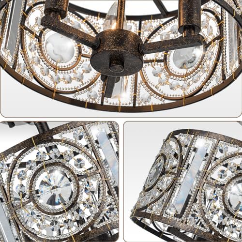 Vintage Crystal Drum Chandelier, 3-Lights Bronze Finish Retro Chandelier Lighting Fixtures, Semi Flush Mount Ceiling Light for Dining Room Living Room Bedroom Entryway Etc. - Image 6