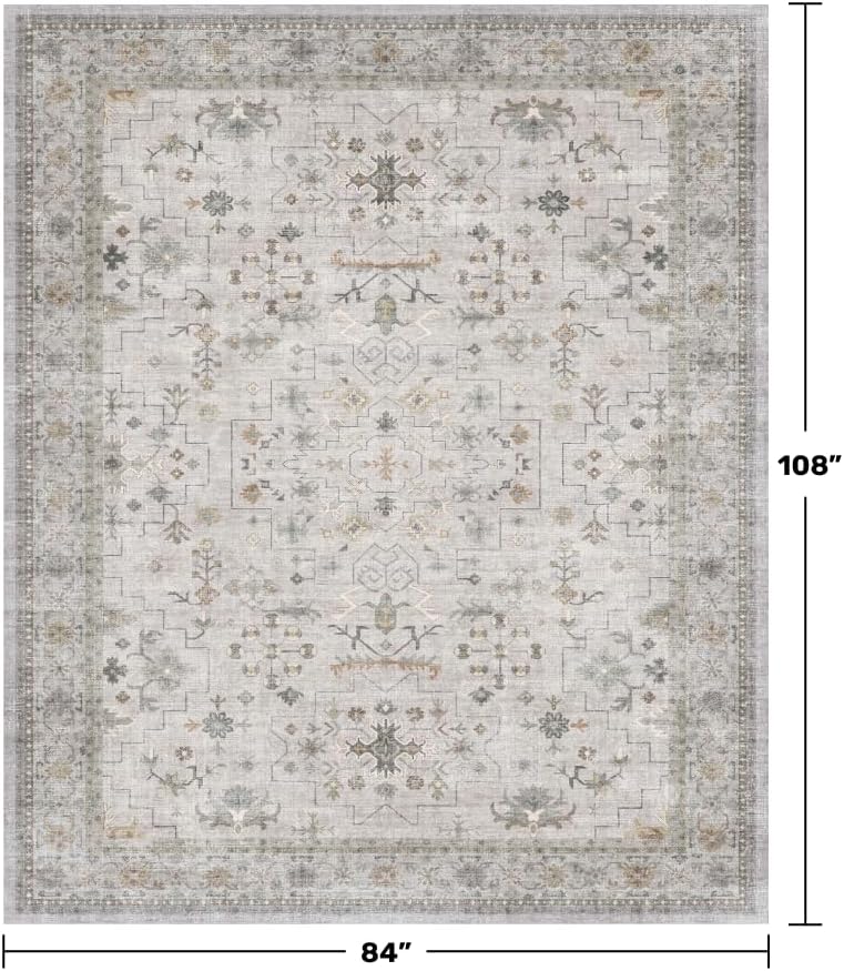 Vintage Boho Living Room Rug 7x9 - Soft Light Gray & Sage Area Rugs for Dining Under Table, Washable Low Pile Non-Slip Large Bedroom Carpet, Modern Eclectic Geometric Neutral Floral Decor - Image 2