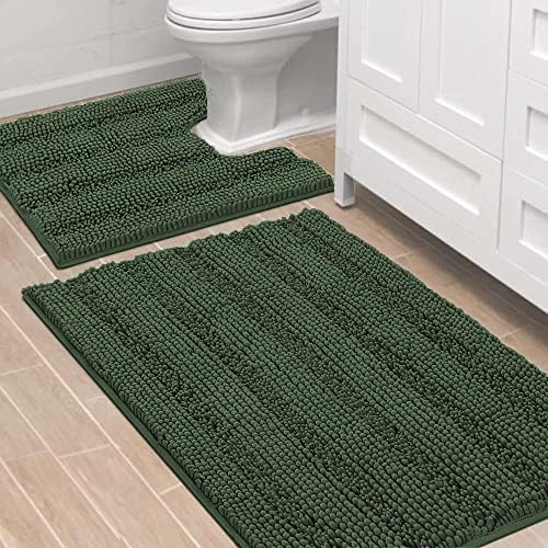 H.VERSAILTEX Bathroom Rugs Bath Rug Set 2 Piece Bathroom Contour Rug Toilet Mat Sets Non Slip Contour Bath Rug Ultra Thick Water Absorbent Striped Bath Mats(36" x 24" Plus 20" x 24" U, Bronze Green) by HVERSAILTEX