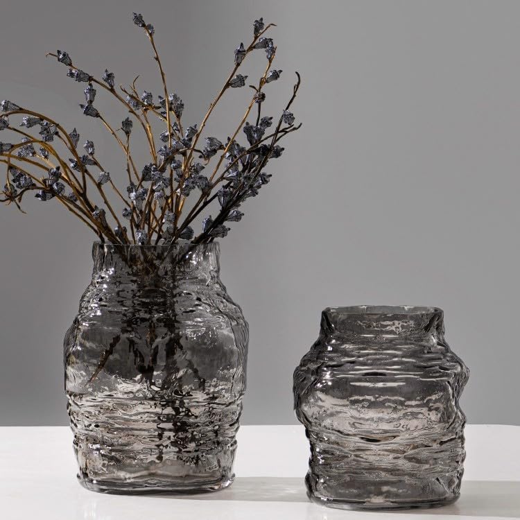 Handmade Glacier Patterned Glass Vase with Simple Style Irregular Shape and Innovative Home Decoration (Grey 9in) - Image 3