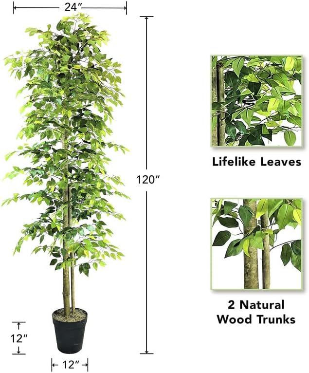 LCG Florals 10ft Artificial Ficus Tree in Black Plastic Pot - Real Wood Trunk, No Maintenance Indoor Faux Plant - Living Room, Home & Office Decor - Image 3