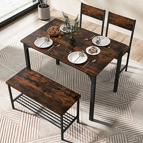 COSTWAY Dining Table Set for 4 w/Bench & 2 Chairs, Storage Racks, Coffee - Image 2