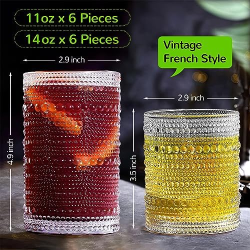 Vintage Hobnail Drinking Glasses Set of 12-14 oz Old Fashioned Water Glass Cups & 11 oz Cocktail Glasses, Aesthetic Kitchen Bar Tumbler Glassware Gifts Sets for Smoothie, Juice, Coffee, Wine - Image 2