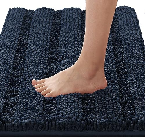 H.VERSAILTEX Bathroom Rugs Bath Rugs for Bathroom Non Slip Bath Mats Extra Thick Chenille Striped Rug 17" x 24" Absorbent Soft Shaggy Washable Dry Fast Bath Mats for Bath Room Floor - Navy by HVERSAILTEX