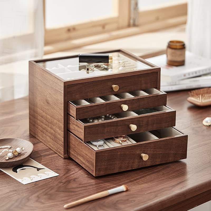 CHOSIN Black Walnut Jewelry Box for Women, 4-Layer Wooden Organizer with Glass Lid, for Watches, Necklaces, Rings & Earrings Storage Christmas Gifts - Image 4
