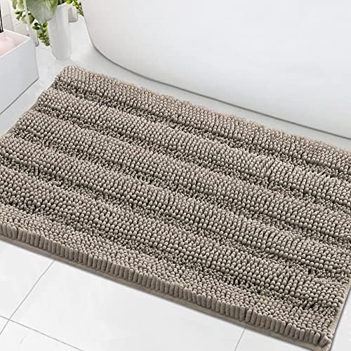 H.VERSAILTEX Bath Mats for Bathroom Non Slip Extra Thick Chenille Striped Bath Rug 24" x 36" Absorbent Non Skid Fluffy Soft Shaggy Rugs Washable Dry Fast Plush Mats for Indoor, Bath Room, Tub - Taupe by HVERSAILTEX