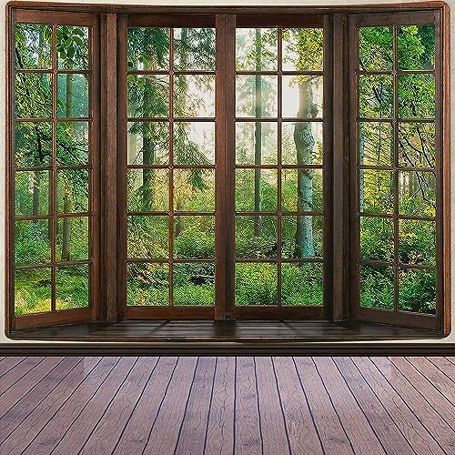 Green Forest Window Tapestry Natural Scenery Tapestry for Bedroom 80" X 60" by Aidatain