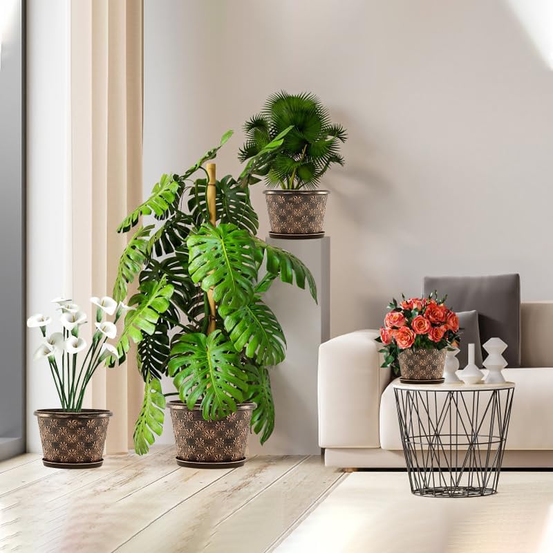 16 Inch Planter Pots for Plants, Plastic Large Flower Pots Indoor Outdoor, 4 Pack Resin Plant Pot with Drainage & Saucer, Retro Decorative Garden Pot with Removable Trays for House - Image 5