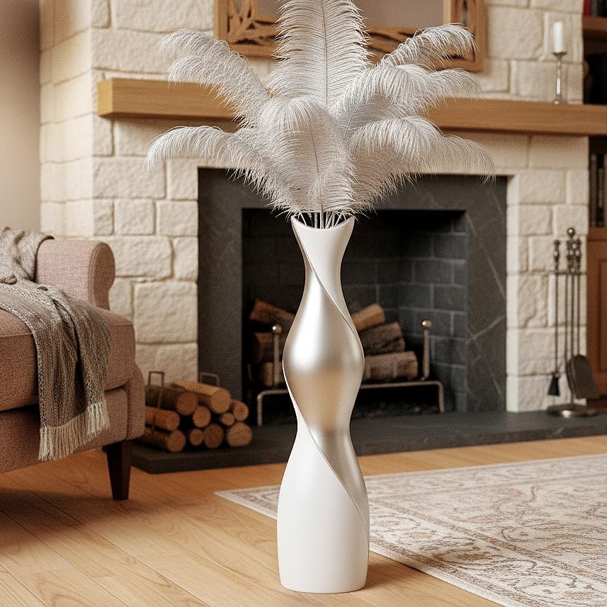 Matte White & Silver Modern Floor Vase, 24" Tall Dual-Tone Decorative Vase for Pampas Grass, Dried Flowers, Feathers, Contemporary Home Decor for Living Room, Bedroom, Entryway - Resin Design by Luystoka