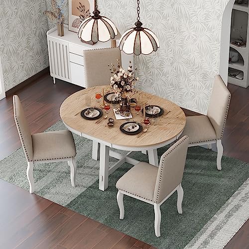 Harper & Bright Designs Kitchen Dining Table Set for 4, 5 Pcs Wooden Round Extendable Dining Table and 4 Upholstered Dining Chairs, Oak Natural Wood - Image 2