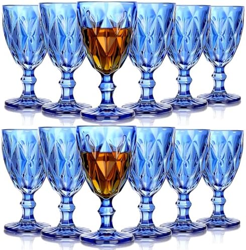 Yinder Glass Goblet Vintage Wine Goblet Embossed Glassware 10 oz Solid Color Glass Stemmed Cups for Iced Tea Beverage Soda Juice Water Liquor and Party Wedding Bars Restaurants (Blue,12 Pack) by Yinder