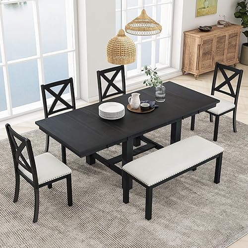 VilroCaz Farmhouse 6-Piece Extendable Dining Room Table Sets, Acacia Wood 82" Dining Table with 2 Removable Leaf and Upholstered Dining Chairs& Bench, Soft Cushion with Rivet by VilroCaz