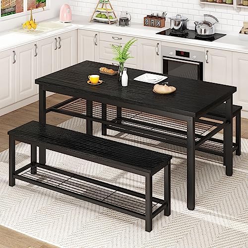 AWQM 43.3" Dining Table Set for 4, Kitchen Dining Table with 2 Benches, Dining Room Table Set with Metal Frame & Storage Rack for Kitchen, Restaurant, Black by AWQM