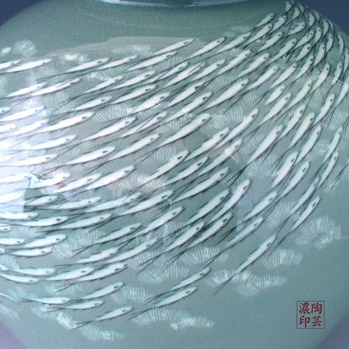 Korean Celadon Glaze Inlaid White Fish Design Green Porcelain Vase Ceramic Inlay Pottery Kitchen Home Decor Decorative Round Globe Jar - Image 3