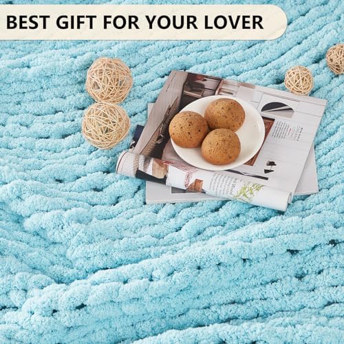 L'AGRATY Chenille Chunky Knit Blanket, Light Blue, 60x80, Heavyweight Throw Blanket for Home Decor - Image 6