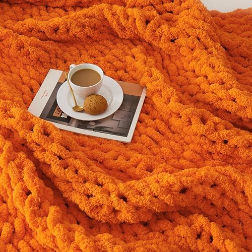 L'AGRATY Chunky Knit Throw Blanket for Couch 72'' x 84'' Knit Throw, Orange - Image 6