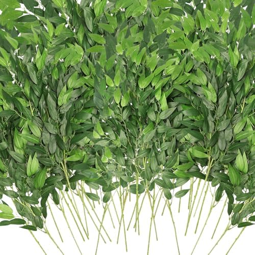 Artificial Italian Ruscus Greenery Stems, Faux Green Leaf Garland Branches Hanging Greenery Spray for Wedding Bouquet Arch Table Centerpiece Home Decor (Green-40 Pack) by WONICE