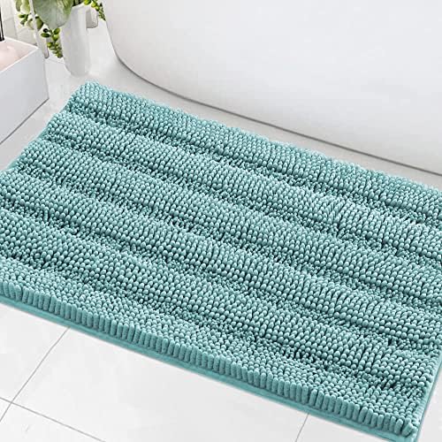 H.VERSAILTEX Bath Mats for Bathroom Non Slip Extra Thick Chenille Striped Bath Rug 24" x 36" Absorbent Non Skid Fluffy Soft Shaggy Rugs Washable Plush Mats for Indoor, Bath Room, Tub - Aqua Haze by HVERSAILTEX