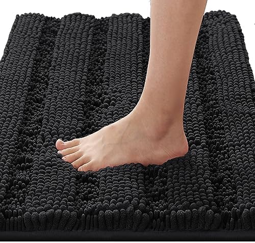 H.VERSAILTEX Bath Rugs for Bathroom Non Slip Bath Mats Extra Thick Chenille Striped Rug 20" x 32" Absorbent Non Skid Fluffy Soft Shaggy Washable Dry Fast Plush Mat for Indoor, Bath Room, Tub - Black by HVERSAILTEX
