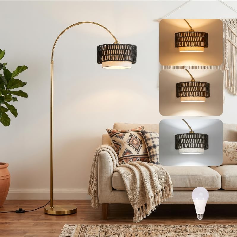 Arc Floor Lamp for Living Room with 12W Bulb,61.5"-72.4" Height Adjustable Rattan Floor Lamps with 3 Color Temps, Farmhouse Arched Standing Lamp,Boho Floor Lamp, Arched Floor Lamps for Bedroom, Office by NUBEAURA
