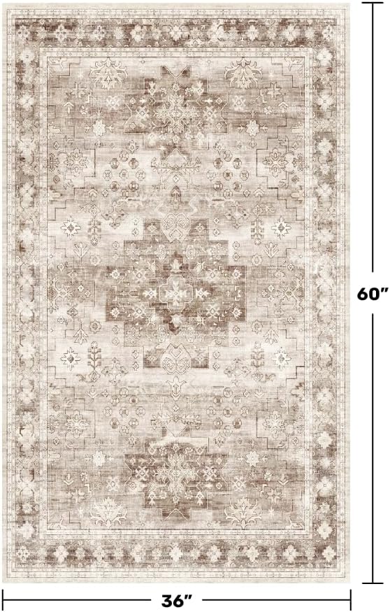 Washable Neutral Farmhouse Large Entryway Rug, 3x5 Area Rugs for Kitchen, Bedroom, Laundry Room, Nursery Room, Boho Vintage Floral Non-Slip Throw Rug Low Pile Stain Resistant (3x5 Beige/Latte) - Image 2