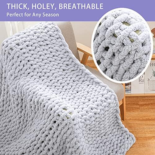Bigacogo Chunky Knit Throw Blanket for Couch, 60x80 inches, Light Grey - Image 6