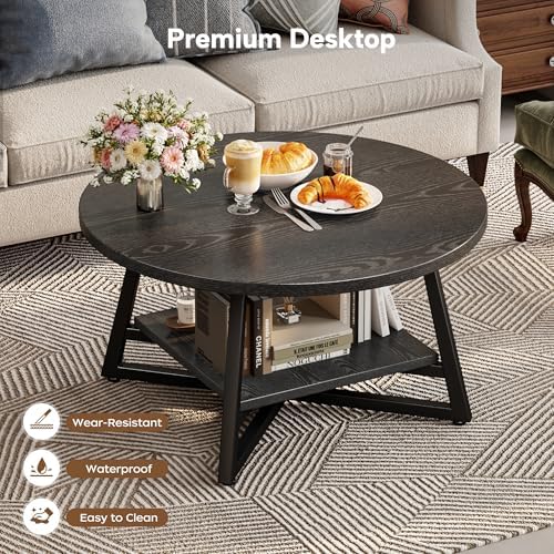 Coffee Table for Living Room, Round Coffee Table, Small Circle Coffee Table with Storage, Modern Wood Round Center Table for Home Office, Small Space, Easy Assembly, Black - Image 6