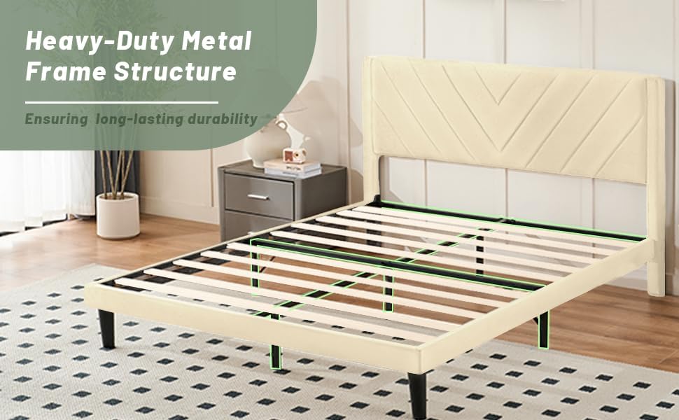Queen Size Platform Bed Frame with Velvet Headboard, Wing Edge, Sturdy Wooden Slats, Noise-Free, No Box Spring Needed, Easy Assembly, Beige - Image 5