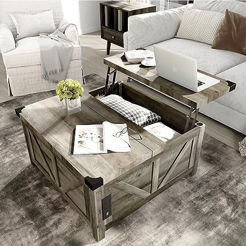 jimeimen Farmhouse Lift Top Coffee Table with Storage, Wood Square Center Table with Charging Station&USB Port, Living Room Table w/Large Hidden Space, for Living Room, Bedroom, Home Office, Grey by jimeimenFurniture