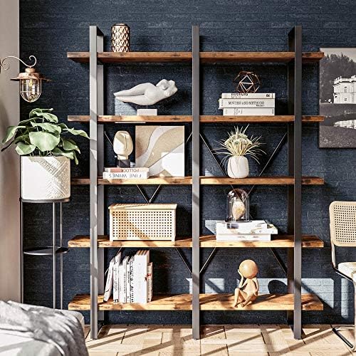 IRONCK Industrial Bookshelf and Bookcase Double Wide 5 Tier, Large Open Shelves, Wood and Metal Bookshelves for Home Office Furniture, Easy Assembly - Image 4