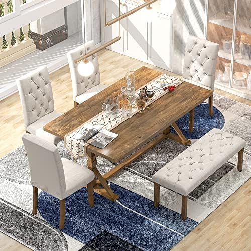 Mirightone 6-Piece Farmhouse Dining Table Set for 6 Rectangular Table Set with 4 Upholstered Chairs and Bench, Solid Wood Dining Table Set for Kitchen, Dining Room (Walnut) - Image 2