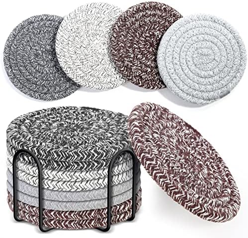 Mckanti 8 Pcs Coasters for Drink with Holder, 4 Colors Absorbent Coasters for Drinks, Minimalist Cotton Woven Coaster Set for Home Decor Tabletop Protection Suitable for Kinds of Cups, 4.3 Inches. by Mckanti