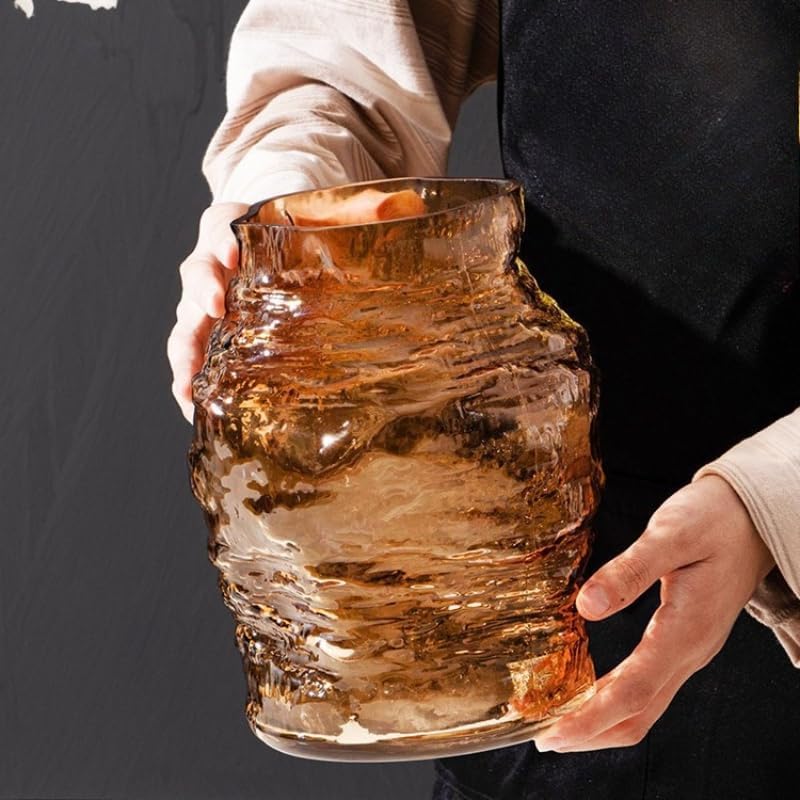 Handmade Glacier Patterned Glass Vase with Simple Style Irregular Shape and Innovative Home Decoration (Yellow 9in) - Image 2